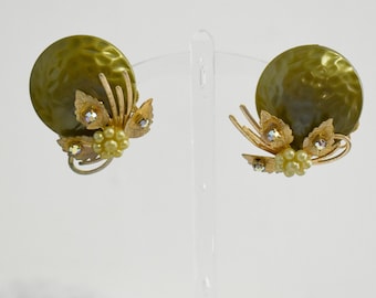 1950s/60s Olive Green Plastic and Rhinestone Clip Earrings