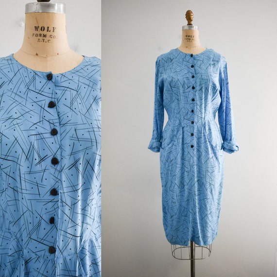 1980s-does-1940s Blue Rayon Dress - image 1