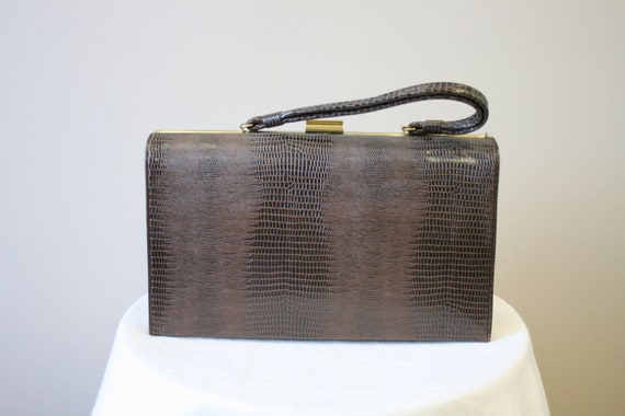 1950s Dover Faux Reptile Brown Handbag - image 2