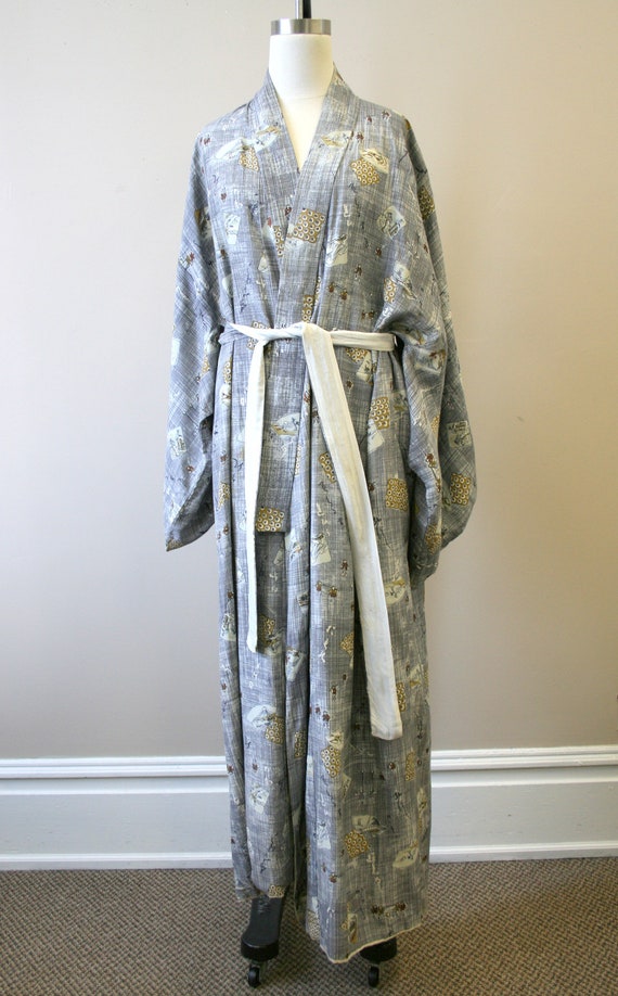 1940s/50s Gray Landscape Print Rayon Kimono - image 3