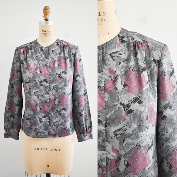 1980s Gray Abstract Blouse - image 3