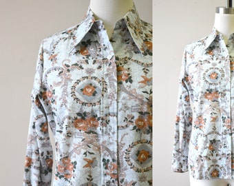 1970s Floral and Bird Print Button Front Shirt