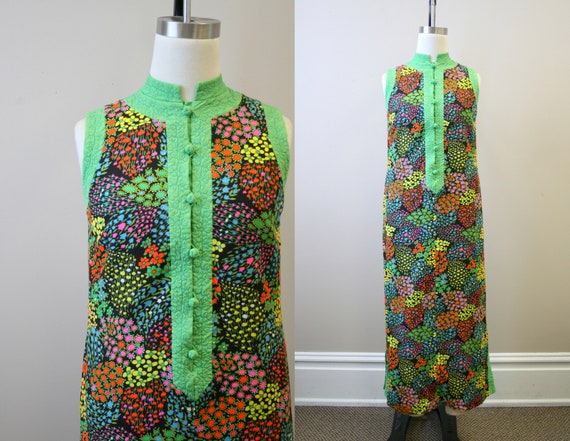 1960s Floral Maxi Dress with Quilted Trim