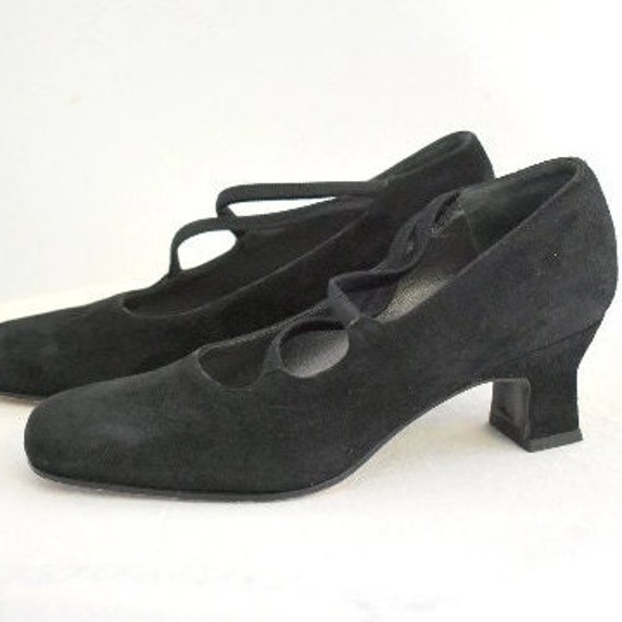 1990s Prevata Black Suede Heels, Size 6B