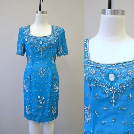 1980s  Stenay Beaded Turquoise Dress