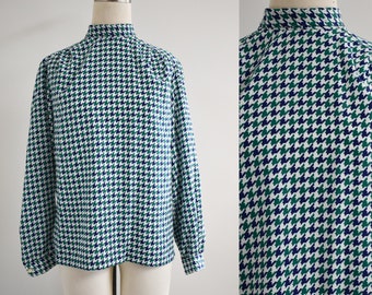 1980s Blue and Green Houndstooth Tie Neck Blouse