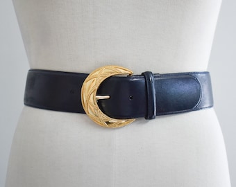 1990s Liz Claiborne Navy Leather Belt with Gold Buckle