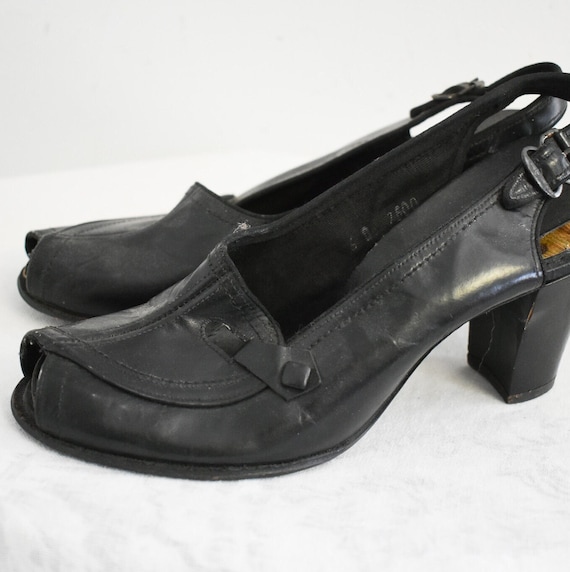 1940s Black Leather Peep Toe Heels, Size 6B - image 1