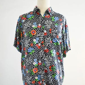 1990s Black Floral and Polka Dot Blouse
