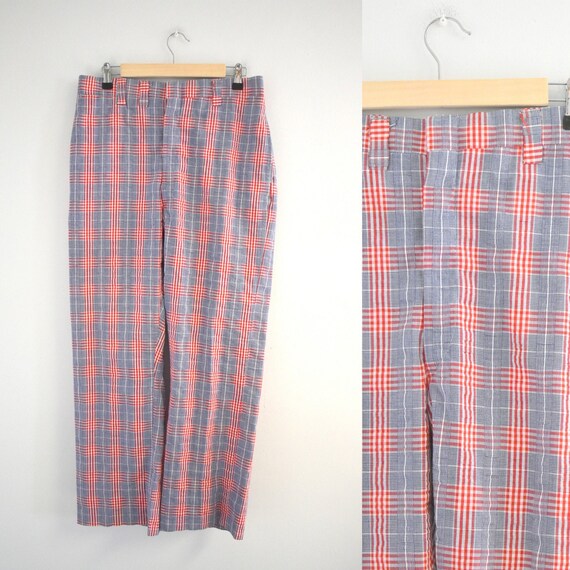 1960s Red, White, and Blue Plaid Cotton Men's Tro… - image 1