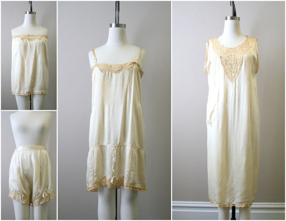 1920s Four Piece Cream Silk Lingerie Set