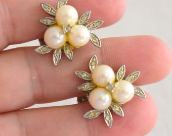 1950s Silver Faux Pearl and Rhinestone Screw Back/Clip Earrings