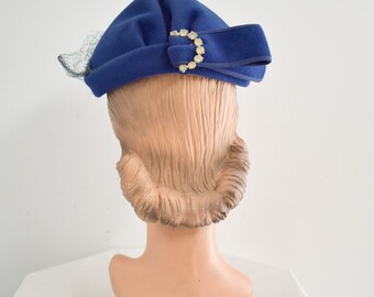 1950s Carol Ann Blue Cloche Hat with Rhinestone Buckle