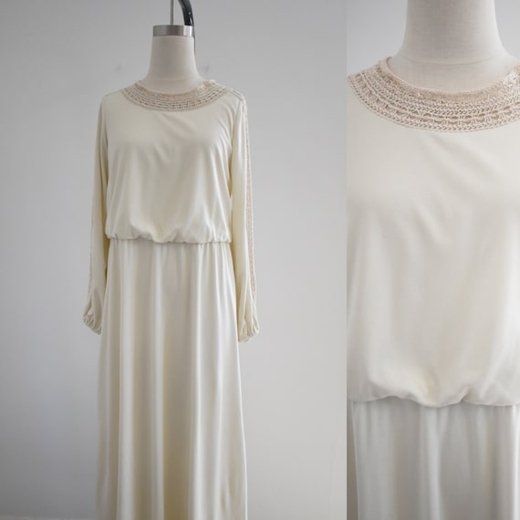 1970s Leslie Fay Ecru Knit Maxi Dress with Croche… - image 1