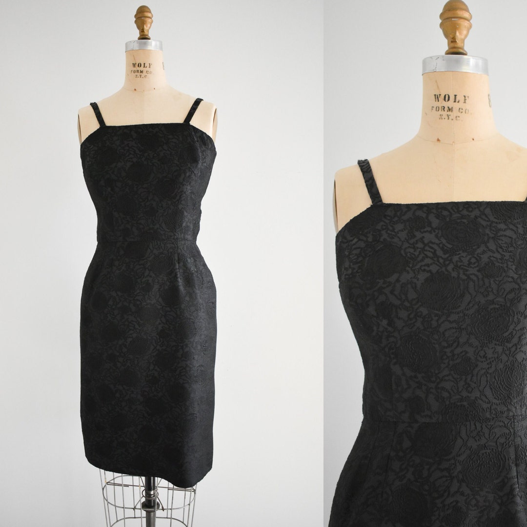 1950s Black and Turquoise Flame Stitch Brocade Evening Dress