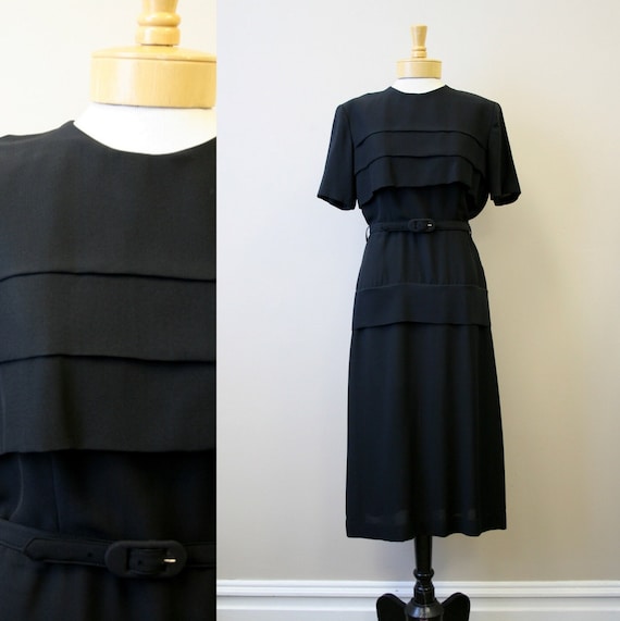 1940s Black Horizontal Pleats Dress - image 1