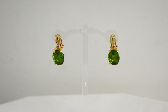 Vintage Green Rhinestone Dangle Clip Earrings - image 3