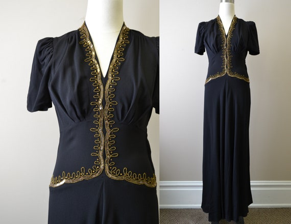 1940s Black Evening Gown with Beaded Bodice
