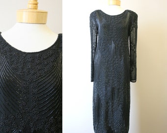 1980s Black Beaded Silk Cocktail Dress