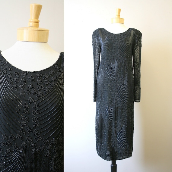 1980s Black Beaded Silk Cocktail Dress - image 1