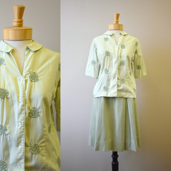 1960s Adelaar Green Embroidered Blouse and Skirt