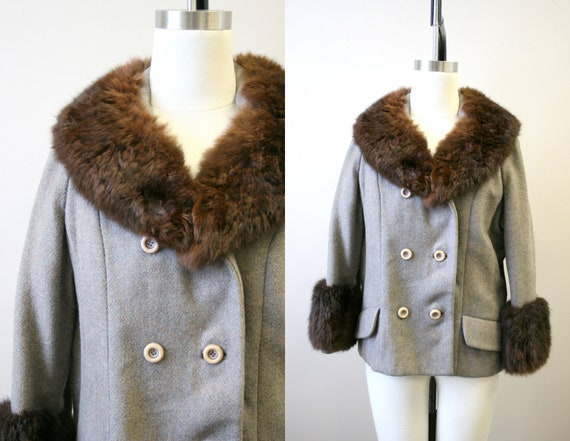 1960s Gray Herringbone Wool Jacket with Fur Collar