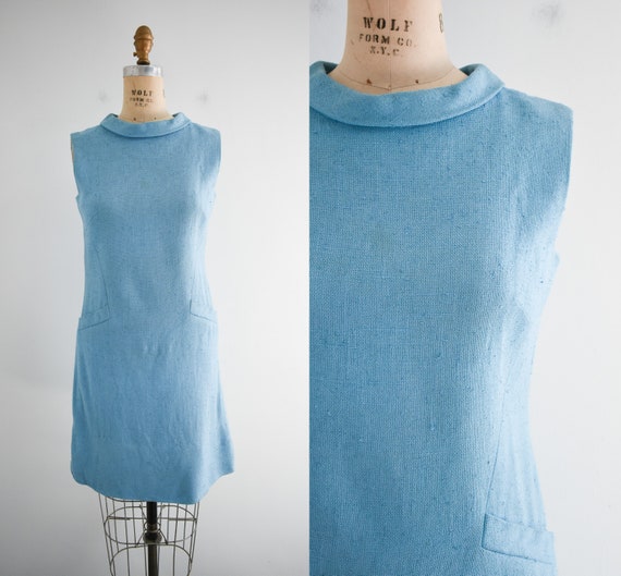 1960s Blue Linen Shift Dress - image 1