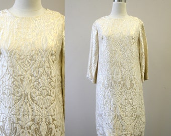 1960s Fred Perlberg Gold and Cream Brocade Dress