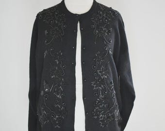 80s-does-50s Black Beaded Cardigan Sweater - Etsy
