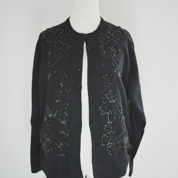80s-does-50s Black Beaded Cardigan Sweater - Etsy