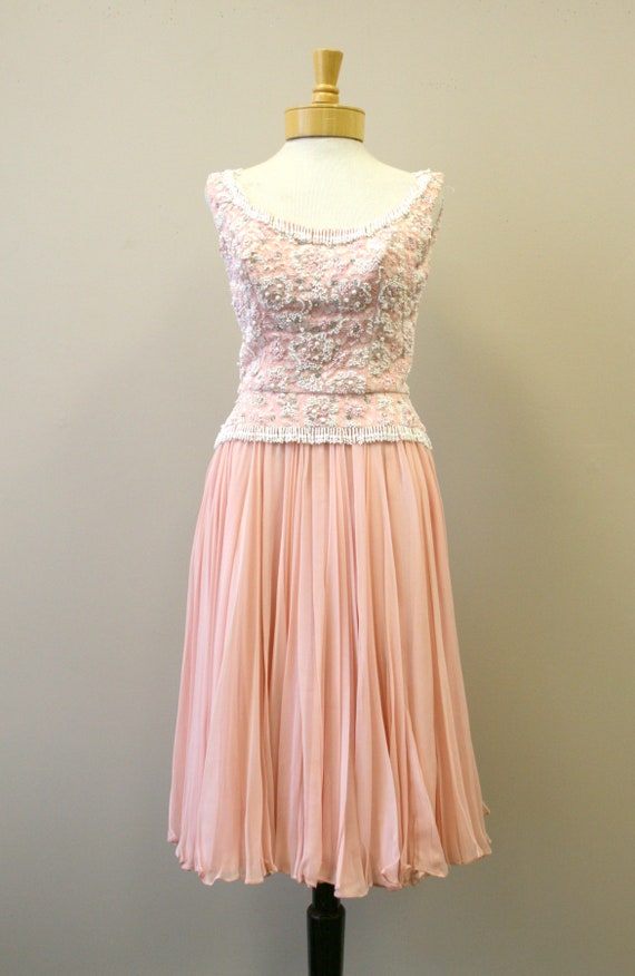 1960s Pat Sandler Pink Beaded Lace and Chiffon Dr… - image 3