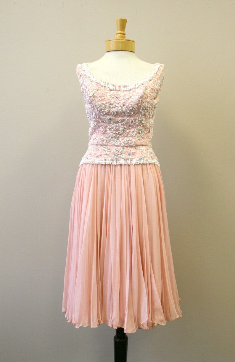 1960s Pat Sandler Pink Beaded Lace and Chiffon Dress image 3