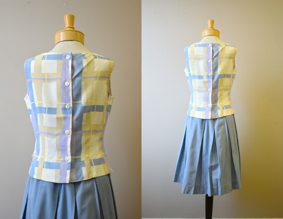 1960s Plaid Sleeveless Blouse and Pleated Skirt S… - image 4