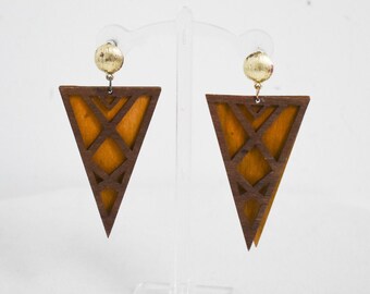 1980s Wooden Triangles Dangle Earrings