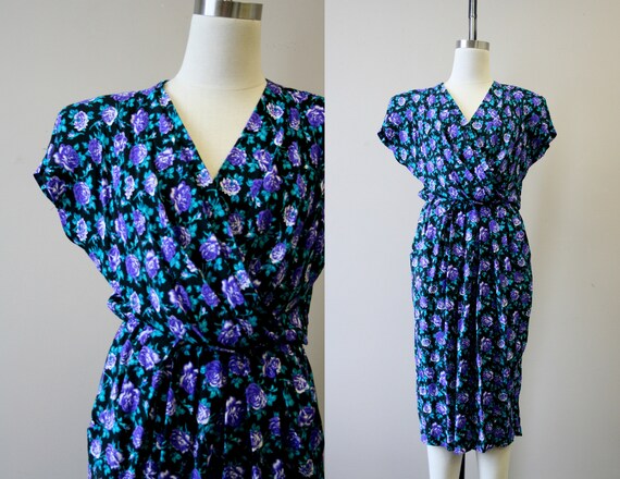 1980s-does-1940s Purple Rose Print Dress