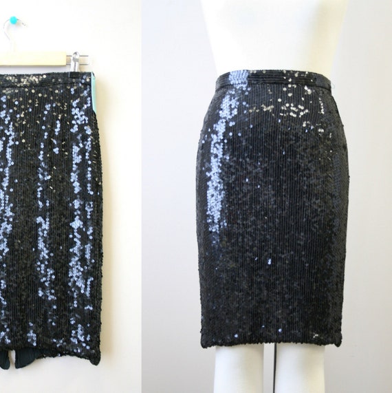 1980s Scarlet Rage Black Sequin Pencil Skirt - image 1