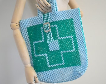 1960s/70s Green and Aqua Cross Pattern Beaded Handbag