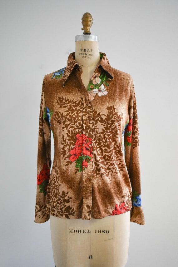 1970s Brown Floral Polyester Knit Blouse - image 2