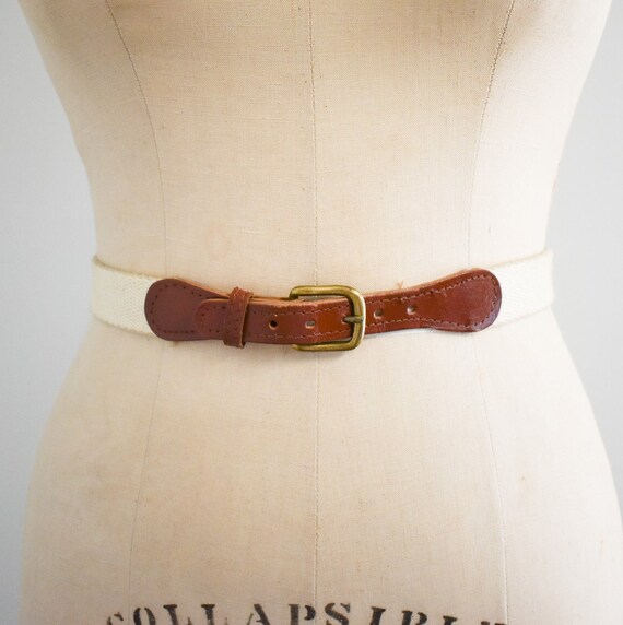 1970s/80s Beige Canvas and Brown Leather Belt - image 1