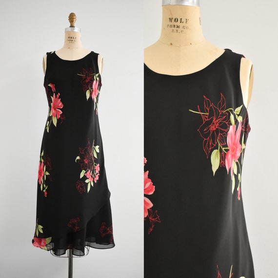 1990s Black and Red Floral Chiffon Midi Dress