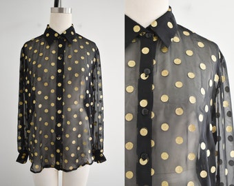 1980s Sheer Black Blouse with Gold Polka Dots