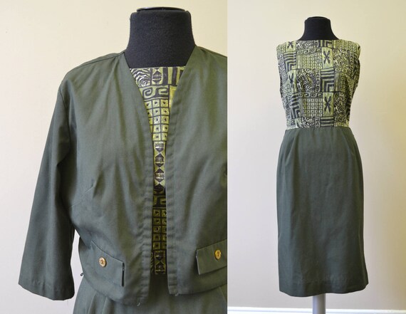1950s Carol Brent Polynesian Print Green Dress and