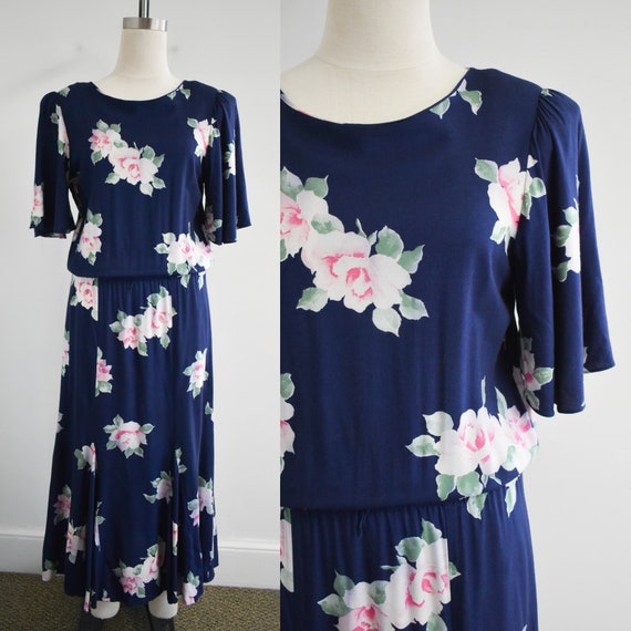 1980s Navy and Pink Floral Dress
