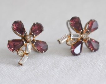 1950s Purple Rhinestone Daisy Screw Back Earrings