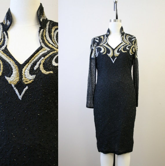 Vintage 80's black & gold bead dress S Carolyn Barton