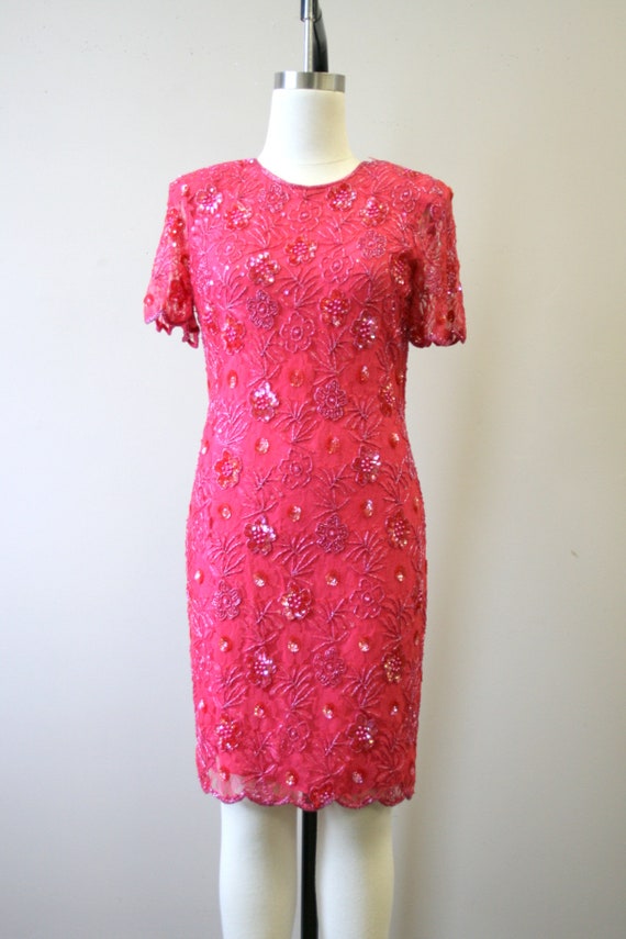 1980s Pink Lace and Sequin Cocktail Dress - image 3