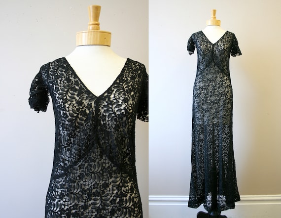 1930s Black Sheer Lace Dress