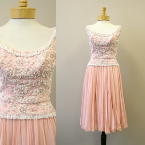 1960s Pat Sandler Pink Beaded Lace and Chiffon Dress image 1