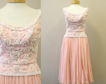 1960s Pat Sandler Pink Beaded Lace and Chiffon Dress