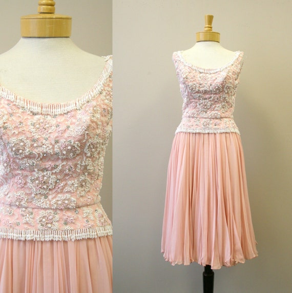 1960s Pat Sandler Pink Beaded Lace and Chiffon Dr… - image 1